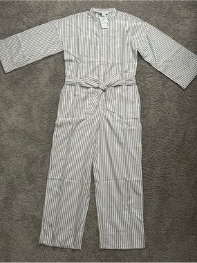 Club Monaco White Khaki Striped Belted Jumpsuit 3/4 Sleeve Band Collar Size 4